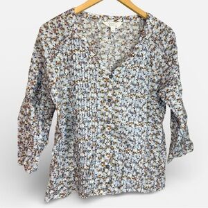 Market & Spruce Floral Pintuck V-Neck Blouse 3/4 Sleeve blue brown size small